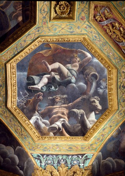 Neptun und eine Wassernymphe, Deckenfeld aus der Sala di Amore e Psiche von Giulio Romano